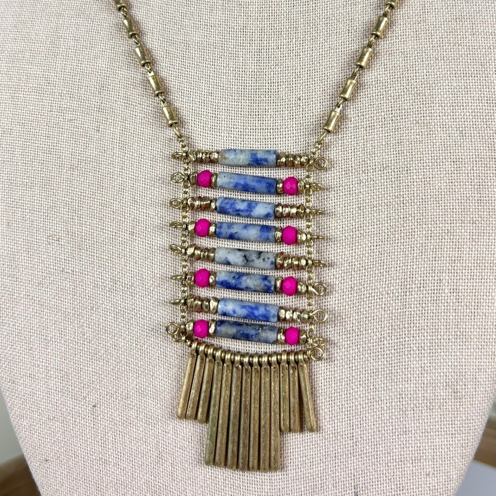 Boho-luxe Boutique Blue Lapis Ladder‎ Bar Necklace Gold Fringe Pink Bead Jewelry